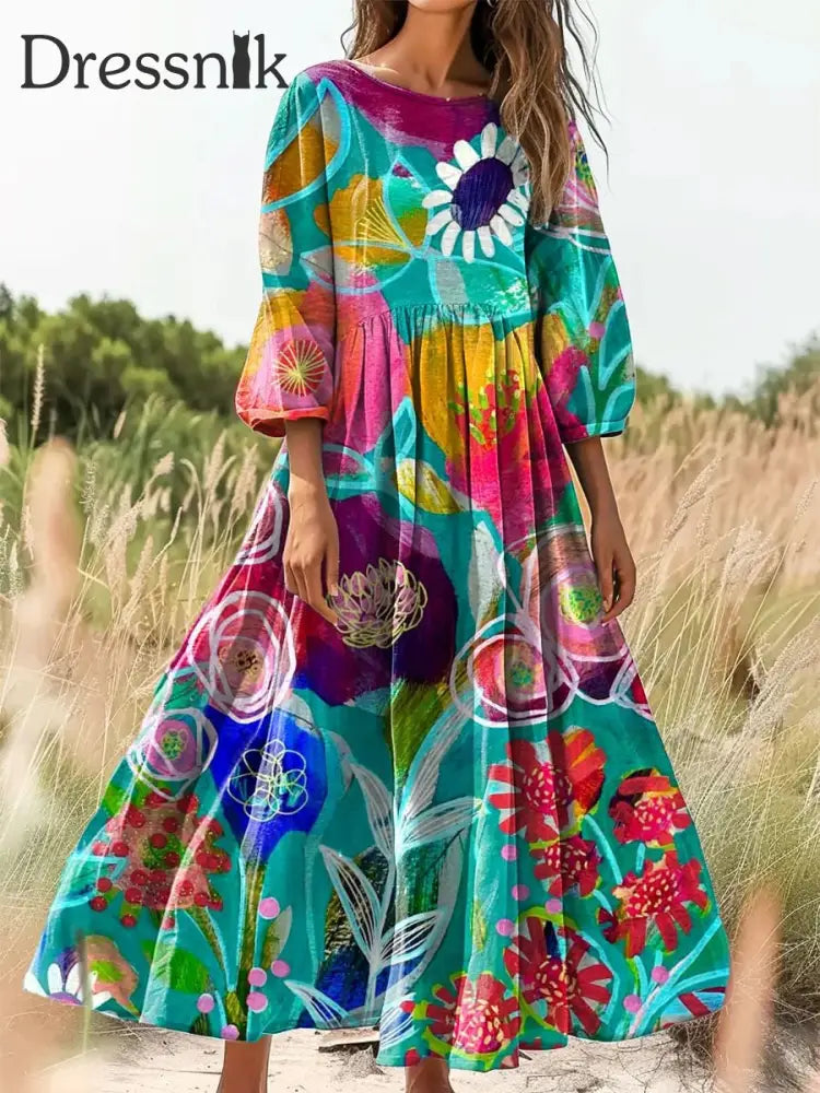 Retro Boho Blumen druck Vintage Chic Rundhals Ausschnitt Baumwolle Langarm Midi kleid A / S