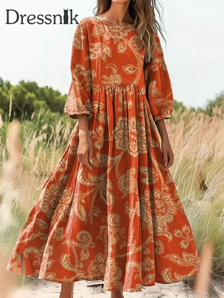 Retro Boho Blumen druck Vintage Chic Rundhals Ausschnitt Baumwolle Langarm Midi kleid A / S