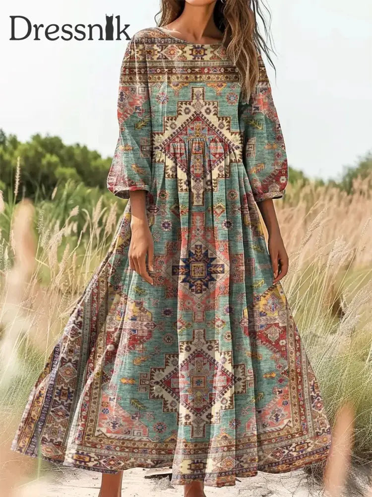 Retro Boho Blumen druck Vintage Chic Rundhals Ausschnitt Baumwolle Langarm Midi kleid A / S