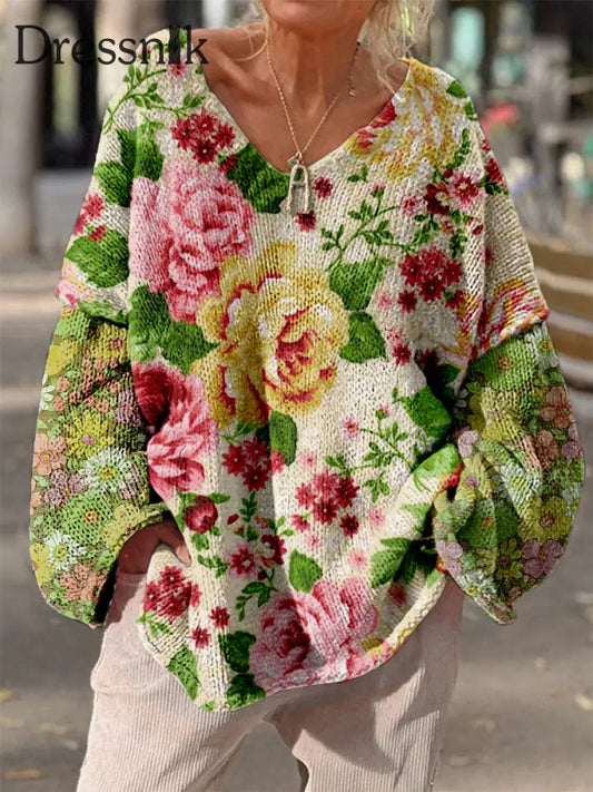 Retro Boho Blumen Druck Vintage Lose Schicke V-Ausschnitt Lang Ärmel Ige Dicke Strick Pullover A / S