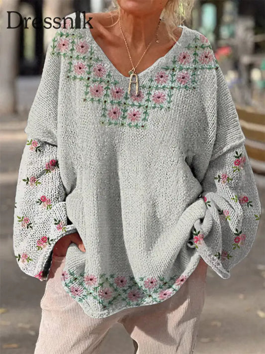 Retro Boho Blumen Druck Vintage Lose Schicke V-Ausschnitt Lang Ärmel Ige Dicke Strick Pullover A / S