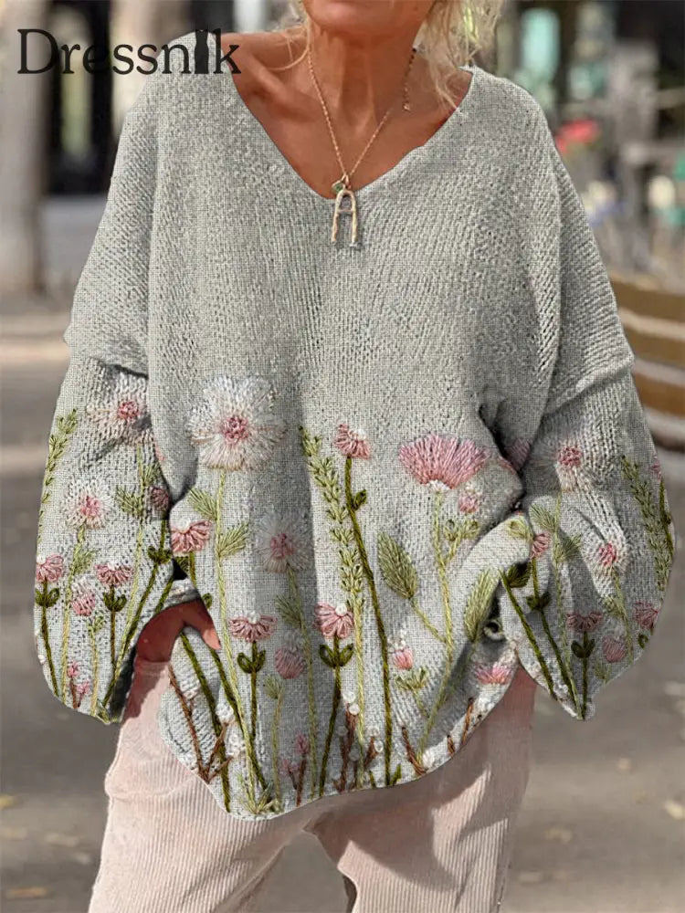 Retro Boho Blumen Druck Vintage Lose Schicke V-Ausschnitt Lang Ärmel Ige Dicke Strick Pullover A / S