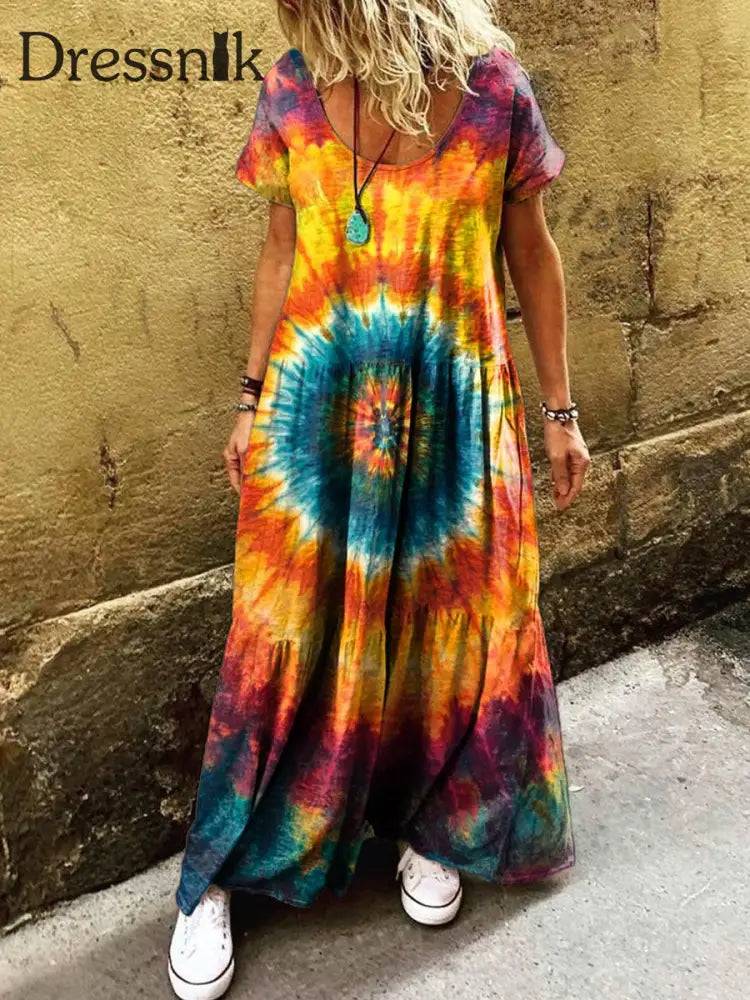 Retro Boho Blumen druck Vintage Runde Kragen Baumwolle Kurzarm Midi-Kleid A / S