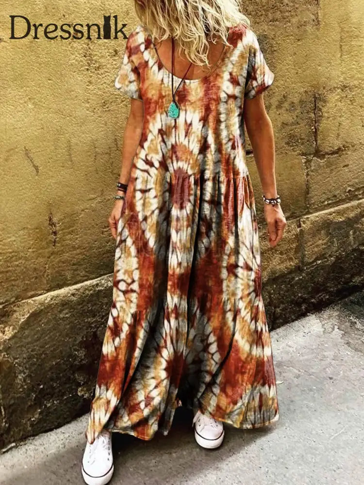 Retro Boho Blumen druck Vintage Runde Kragen Baumwolle Kurzarm Midi-Kleid A / S