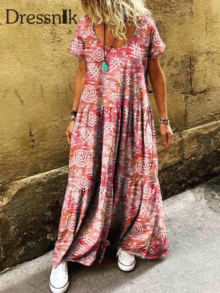 Retro Boho Blumen druck Vintage Runde Kragen Baumwolle Kurzarm Midi-Kleid A / S