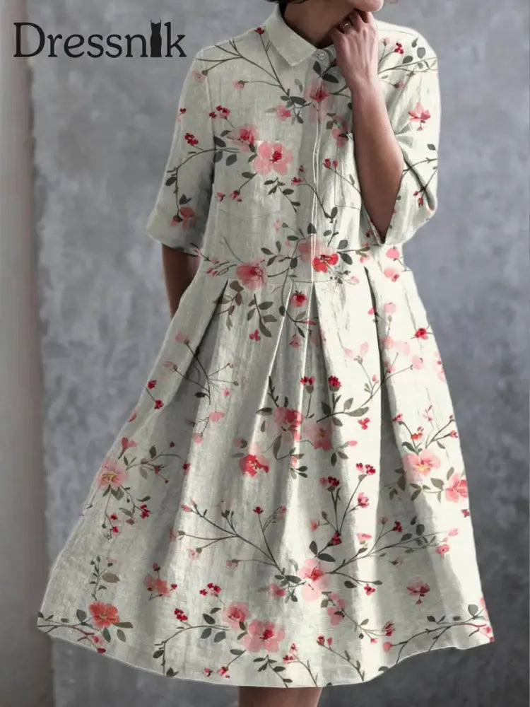 Retro Boho Blumen druck Vintage Rundhals knopf Kurzarm Hemd kleid A / S