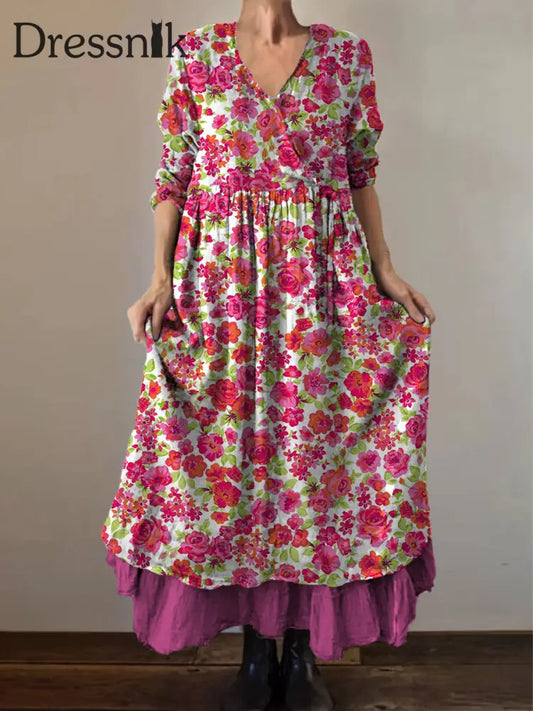 Retro Boho Blumen druck Vintage V-Ausschnitt Doppel-Saum Baumwolle Langarm Midi-Kleid A / S