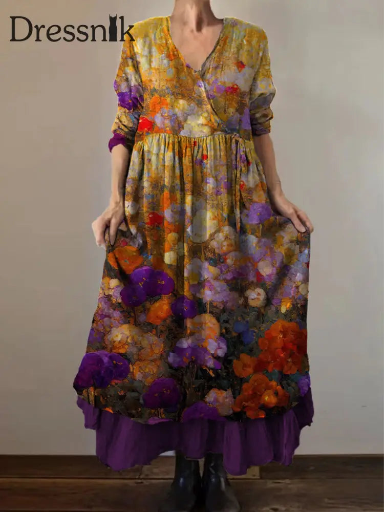 Retro Boho Blumen druck Vintage V-Ausschnitt Doppel-Saum Baumwolle Langarm Midi-Kleid A / S