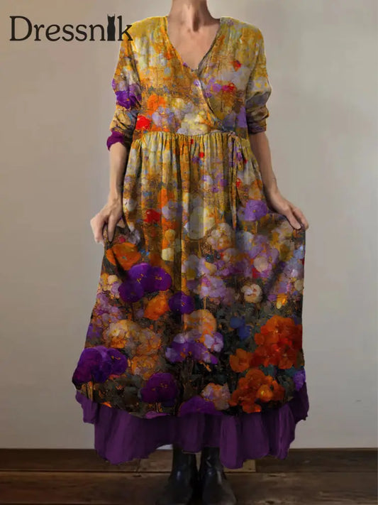 Retro Boho Blumen druck Vintage V-Ausschnitt Doppel-Saum Baumwolle Langarm Midi-Kleid A / S