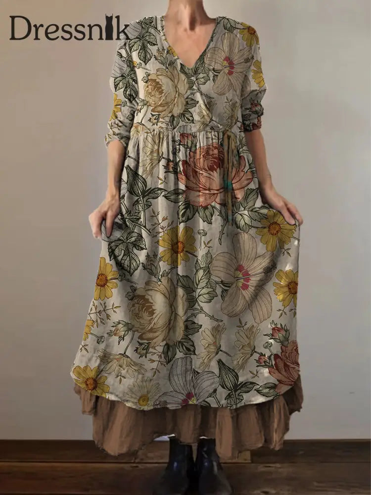 Retro Boho Blumen druck Vintage V-Ausschnitt Doppel-Saum Baumwolle Langarm Midi-Kleid A / S