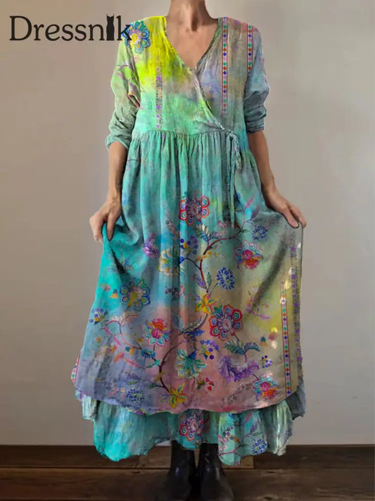 Retro Boho Blumen druck Vintage V-Ausschnitt Doppel-Saum Baumwolle Langarm Midi-Kleid A / S