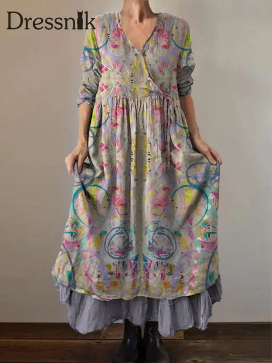 Retro Boho Blumen druck Vintage V-Ausschnitt Doppel-Saum Baumwolle Langarm Midi-Kleid A / S