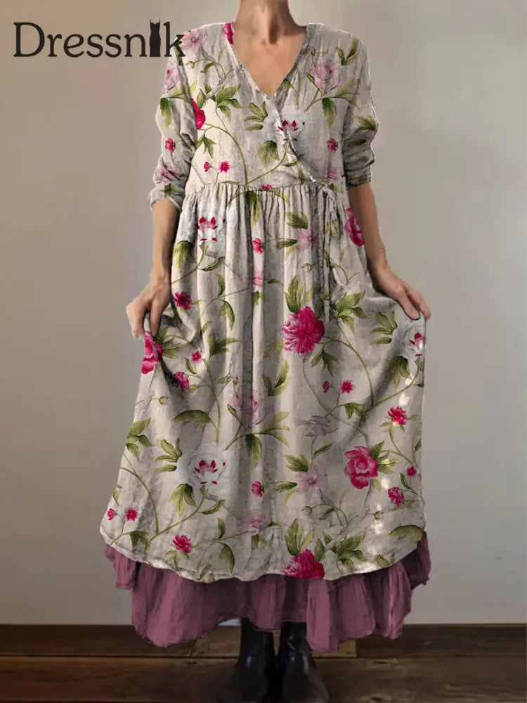 Retro Boho Blumen druck Vintage V-Ausschnitt Doppel-Saum Baumwolle Langarm Midi-Kleid A / S