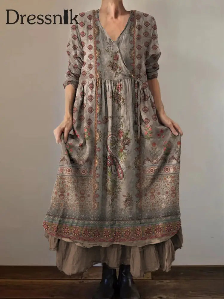 Retro Boho Blumen druck Vintage V-Ausschnitt Doppel-Saum Baumwolle Langarm Midi-Kleid A / S