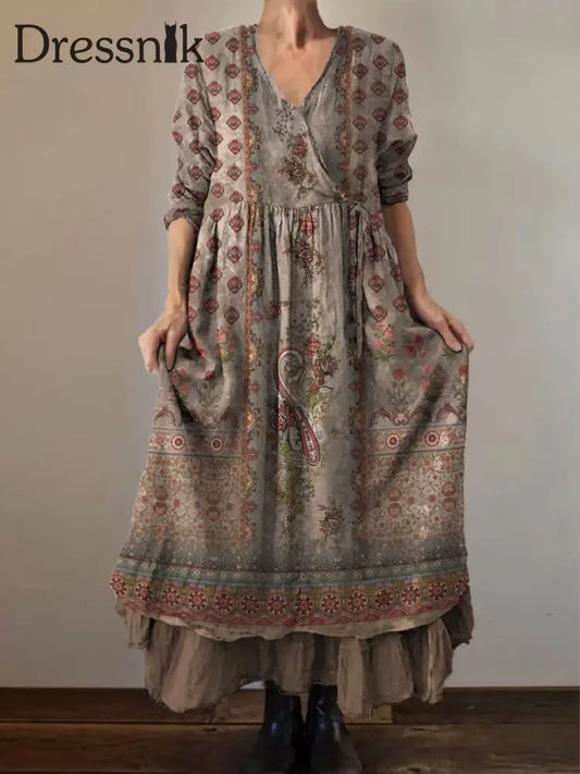 Retro Boho Blumen druck Vintage V-Ausschnitt Doppel-Saum Baumwolle Langarm Midi-Kleid A / S