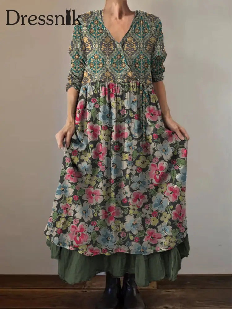 Retro Boho Blumen druck Vintage V-Ausschnitt Doppel-Saum Baumwolle Langarm Midi-Kleid A / S