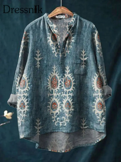 Retro Boho Blumen gedruckt lässig lange Ärmel bequemes Baumwoll hemd A / S