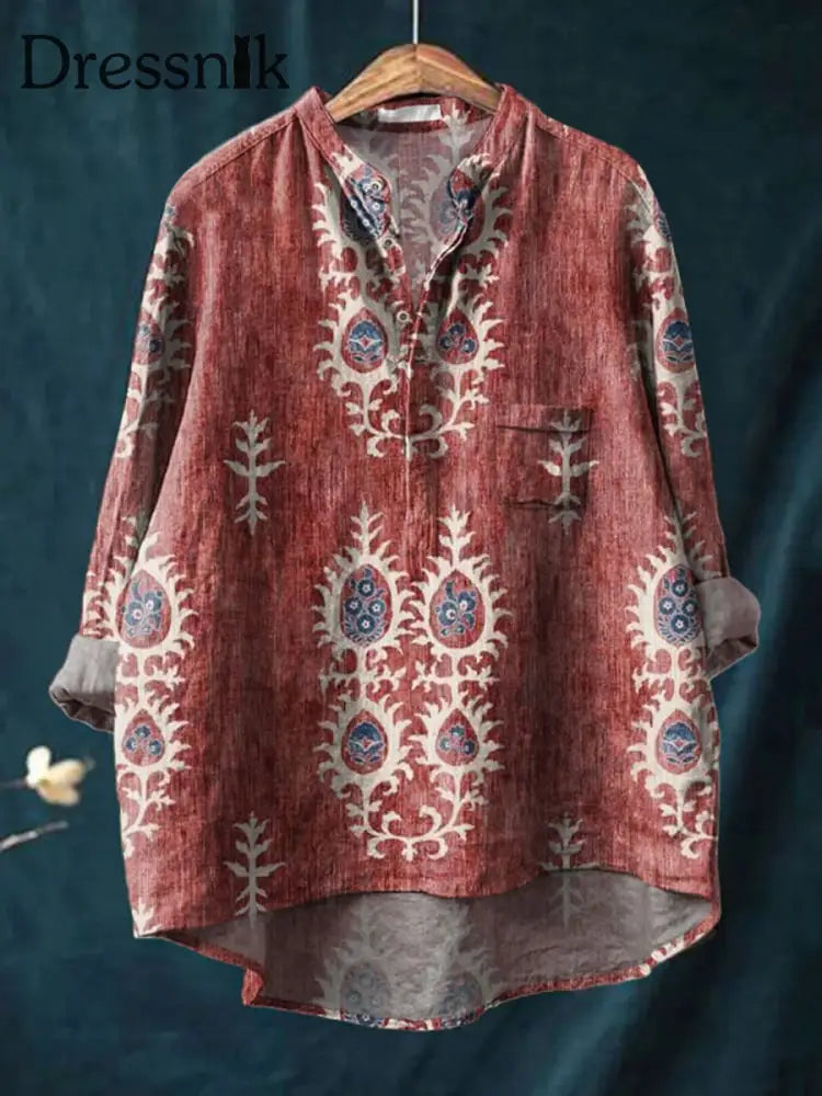 Retro Boho Blumen gedruckt lässig lange Ärmel bequemes Baumwoll hemd B / S