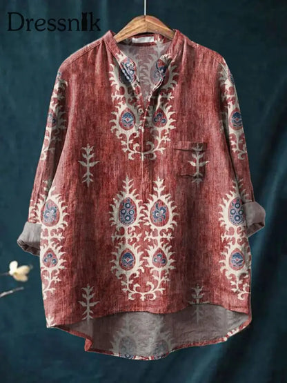 Retro Boho Blumen gedruckt lässig lange Ärmel bequemes Baumwoll hemd B / S