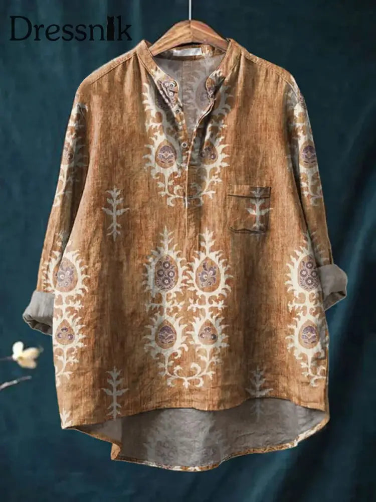Retro Boho Blumen gedruckt lässig lange Ärmel bequemes Baumwoll hemd C / S