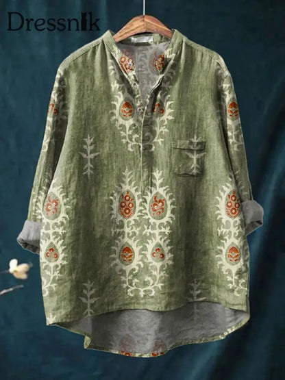 Retro Boho Blumen gedruckt lässig lange Ärmel bequemes Baumwoll hemd D / S