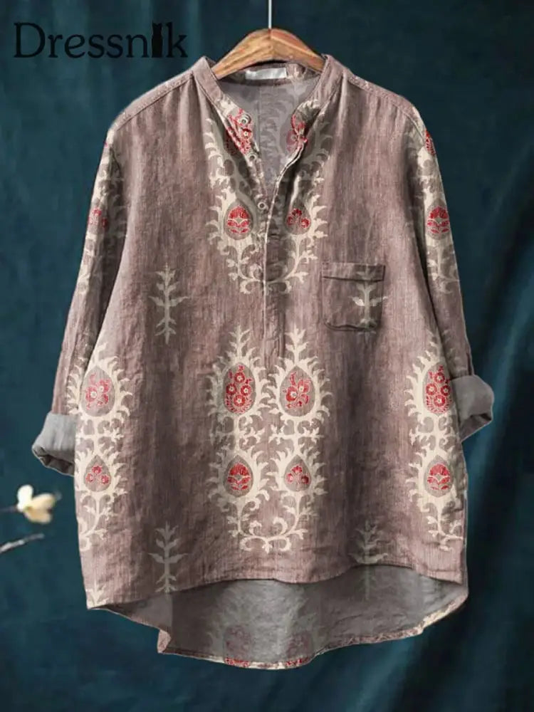 Retro Boho Blumen gedruckt lässig lange Ärmel bequemes Baumwoll hemd E / S