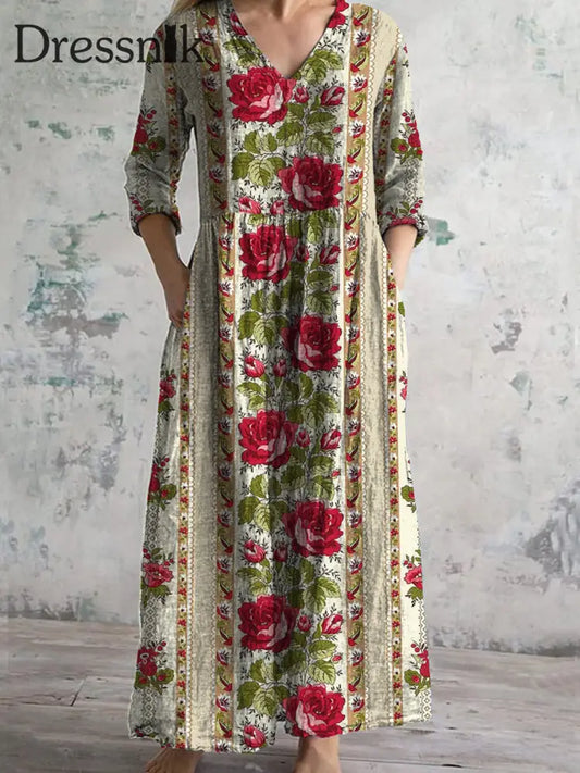 Retro Boho Blumen Kunst Bedruckt V-Ausschnitt Vintage Lässiges Langarm-Midi-Kleid A / S