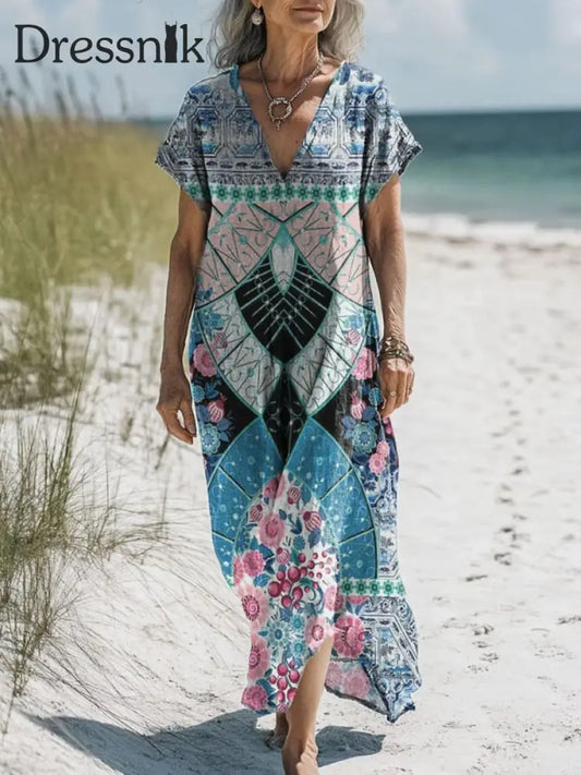 Retro Boho Blumen Kunst Bedruckt V-Ausschnitt Vintage Lose Lange Ärmel Midi-Kleid A / S