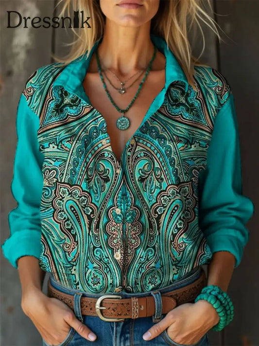 Retro Boho Blumen Kunst Bedruckt Vintage Chic V-Ausschnitt Knopf Tasche Baumwolle Langarm Hemd A / S