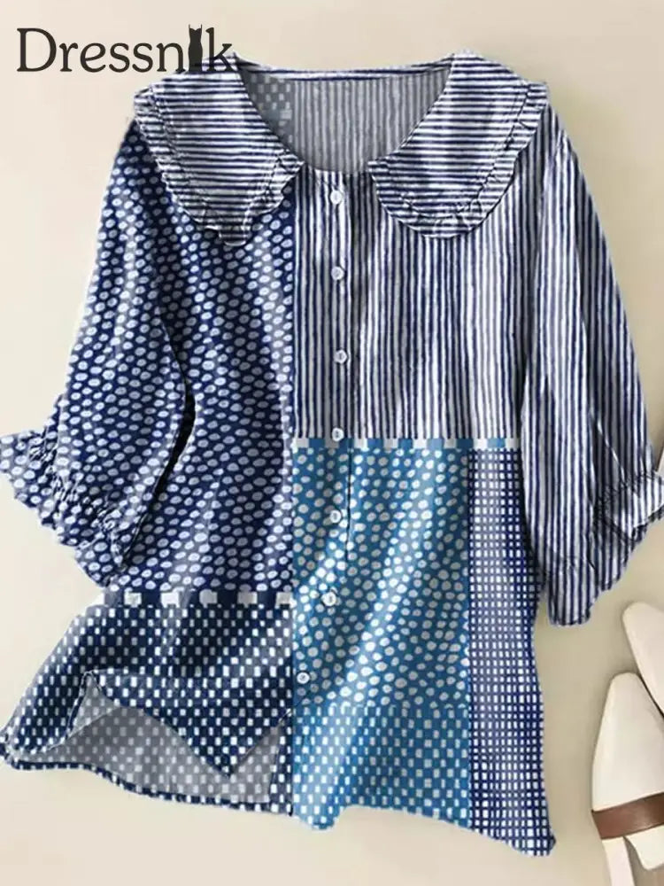 Retro Boho Blumen kunst bedruckt Vintage Rüschen Rundhals-Hemd A / S