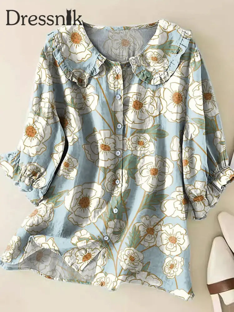 Retro Boho Blumen kunst bedruckt Vintage Rüschen Rundhals-Hemd A / S