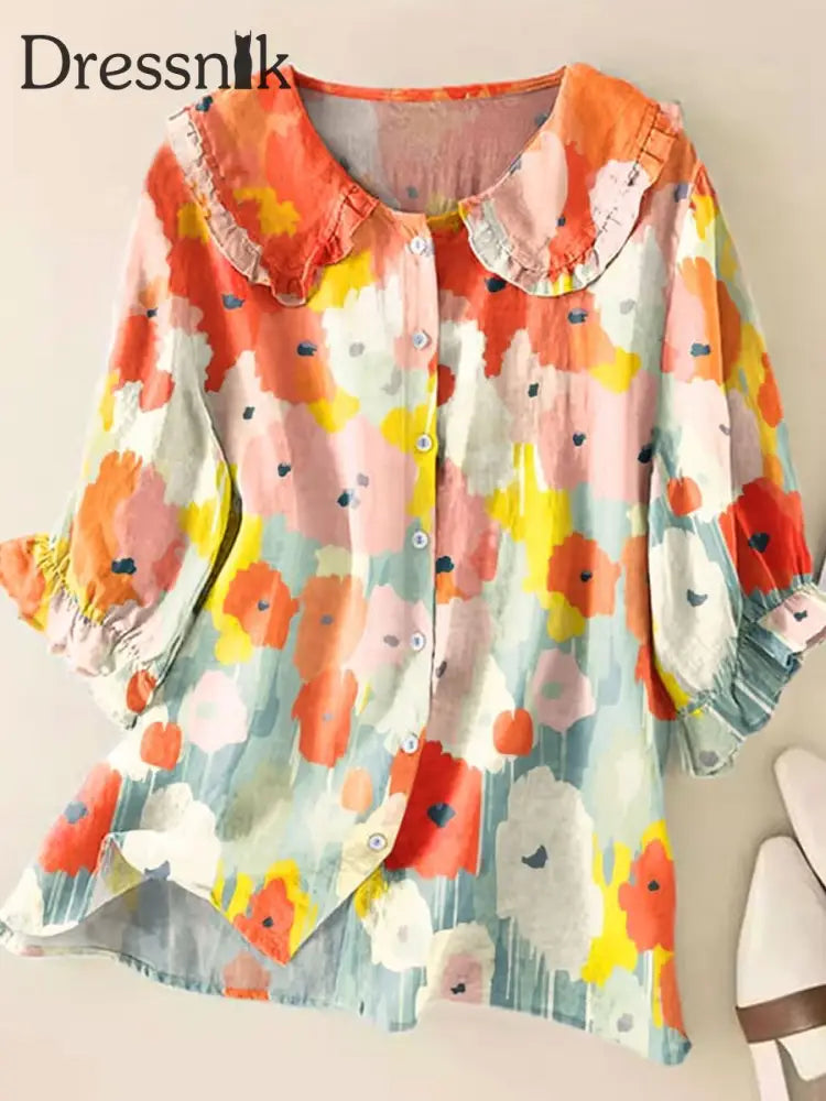 Retro Boho Blumen kunst bedruckt Vintage Rüschen Rundhals-Hemd A / S