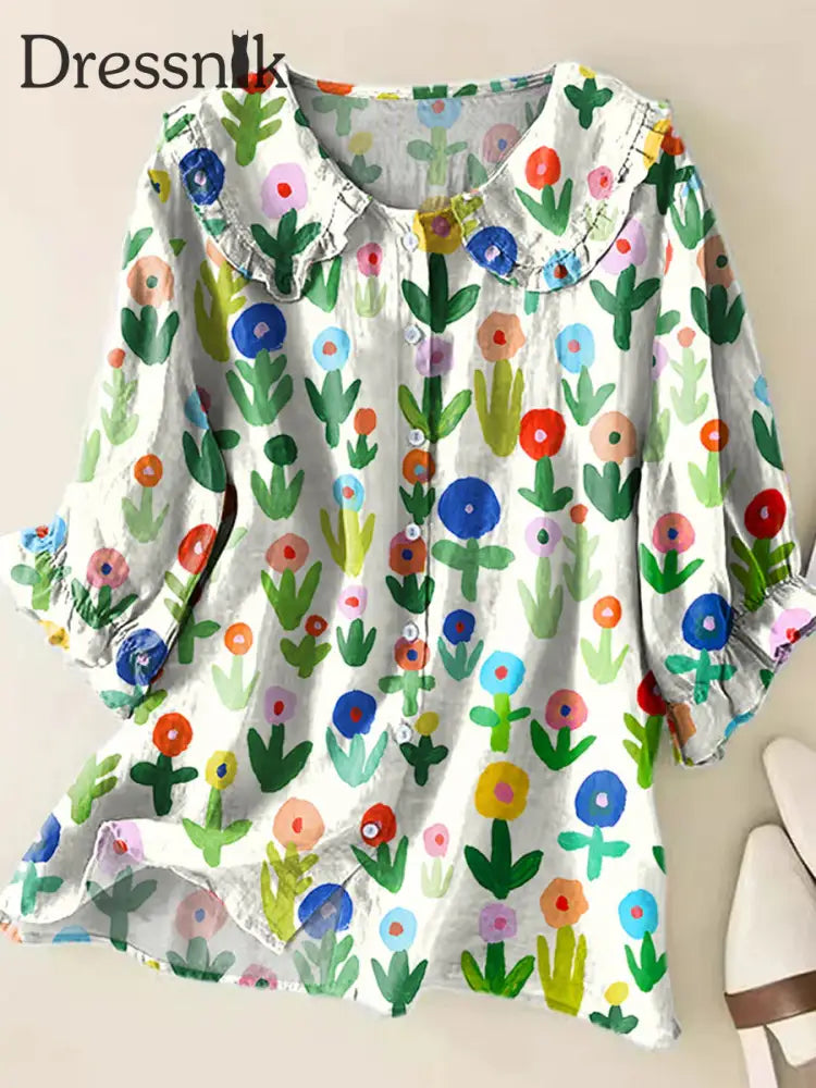 Retro Boho Blumen kunst bedruckt Vintage Rüschen Rundhals-Hemd A / S