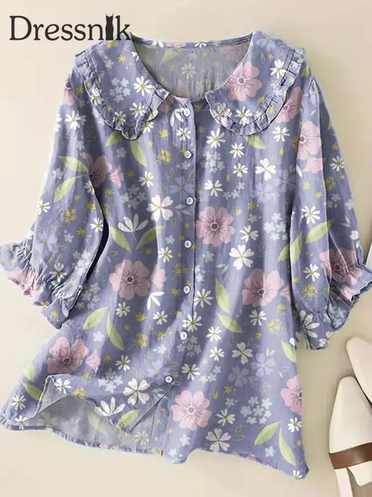 Retro Boho Blumen kunst bedruckt Vintage Rüschen Rundhals-Hemd A / S