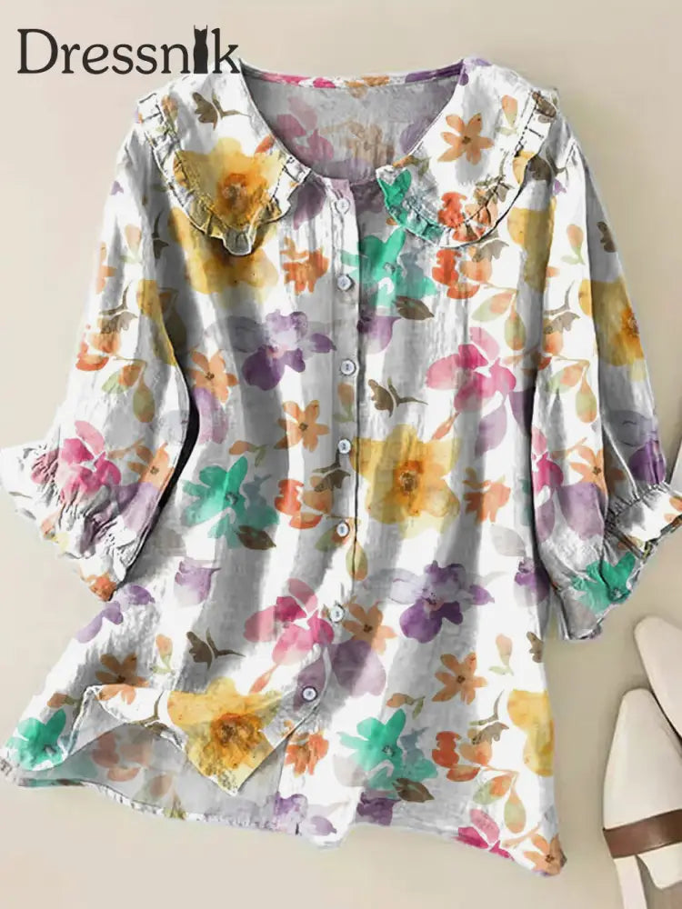 Retro Boho Blumen kunst bedruckt Vintage Rüschen Rundhals-Hemd A / S