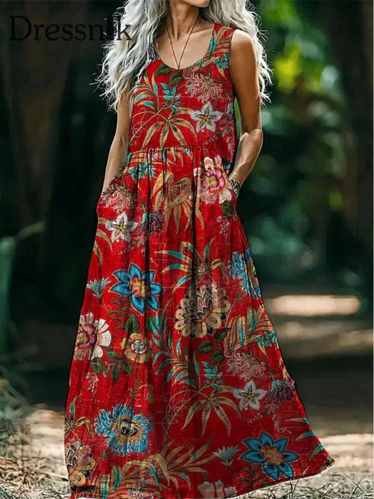 Retro Boho Blumen kunst druck Rundhals ärmelloses Baumwoll-Taschen kleid A / S