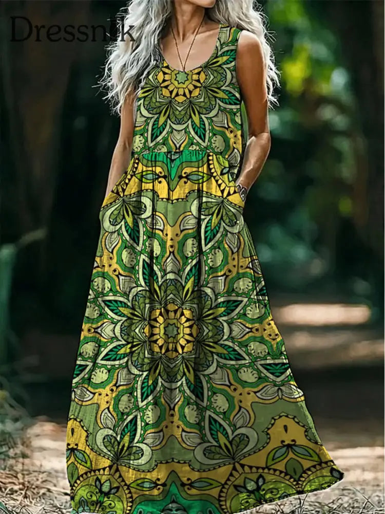 Retro Boho Blumen kunst druck Rundhals ärmelloses Baumwoll-Taschen kleid A / S