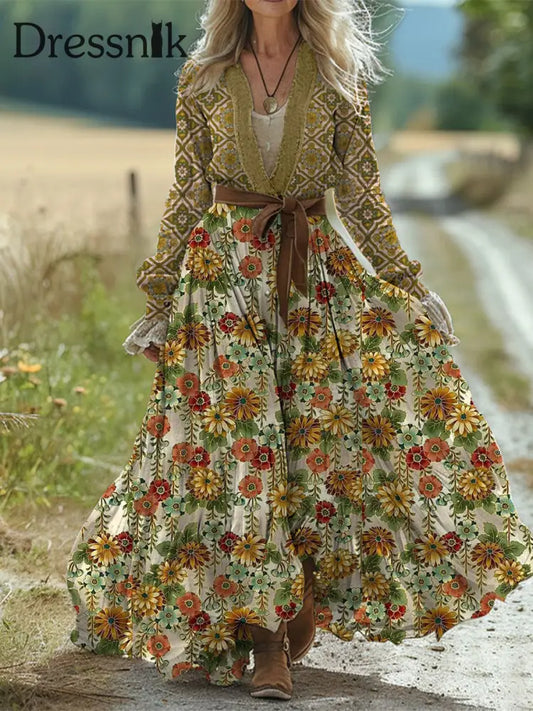 Retro Boho Blumen Kunstdruck Vintage Chic Taillen Gurt V-Ausschnitt Baumwolle Langarm Midi Kleid A