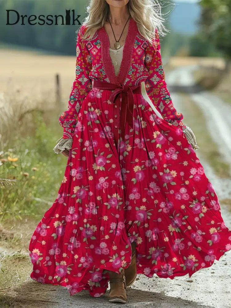 Retro Boho Blumen Kunstdruck Vintage Chic Taillen Gurt V-Ausschnitt Baumwolle Langarm Midi Kleid A