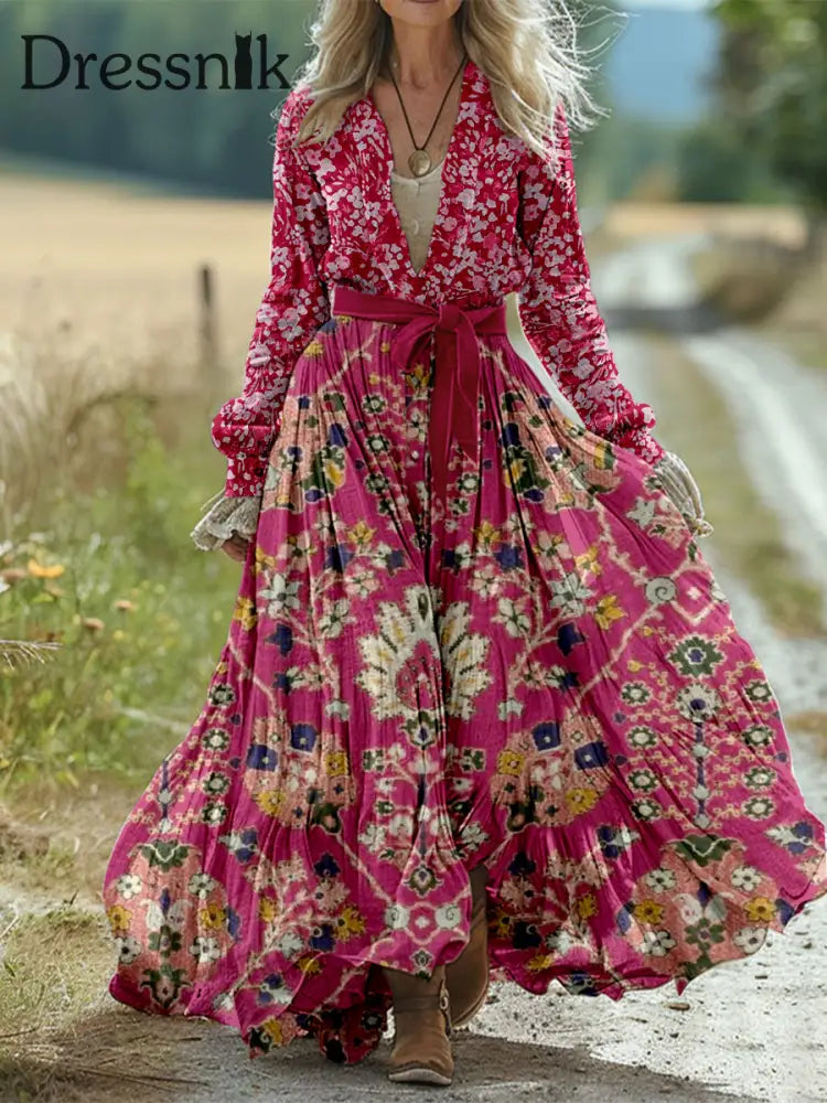 Retro Boho Blumen Kunstdruck Vintage Chic Taillen Gurt V-Ausschnitt Baumwolle Langarm Midi Kleid A