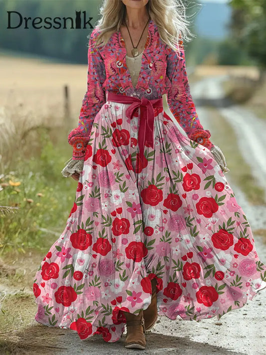 Retro Boho Blumen Kunstdruck Vintage Chic Taillen Gurt V-Ausschnitt Baumwolle Langarm Midi Kleid A