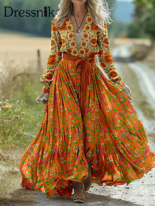 Retro Boho Blumen Kunstdruck Vintage Chic Taillen Gurt V-Ausschnitt Baumwolle Langarm Midi Kleid A