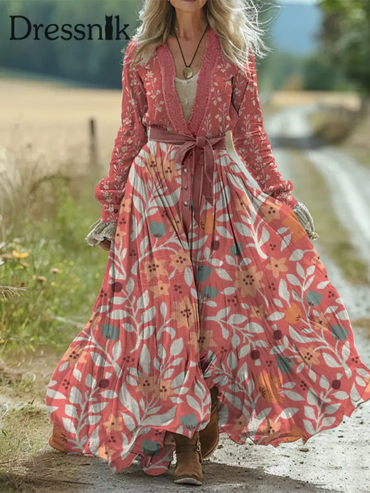 Retro Boho Blumen Kunstdruck Vintage Chic Taillen Gurt V-Ausschnitt Baumwolle Langarm Midi Kleid A
