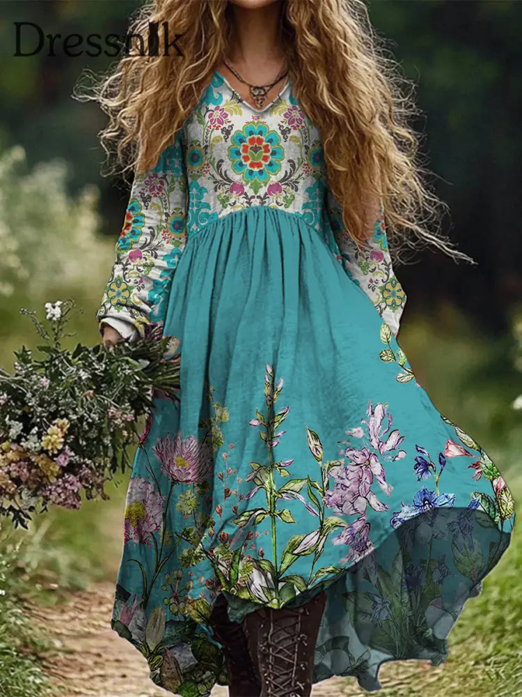 Retro Boho Blumen Kunstdruck Vintage Chic V-Ausschnitt Baumwolle Langarm Midi-Kleid A / S