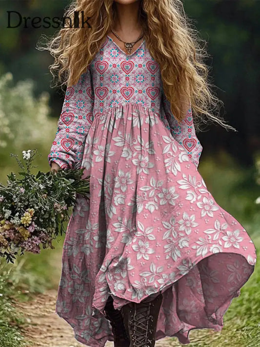 Retro Boho Blumen Kunstdruck Vintage Chic V-Ausschnitt Baumwolle Langarm Midi-Kleid A / S