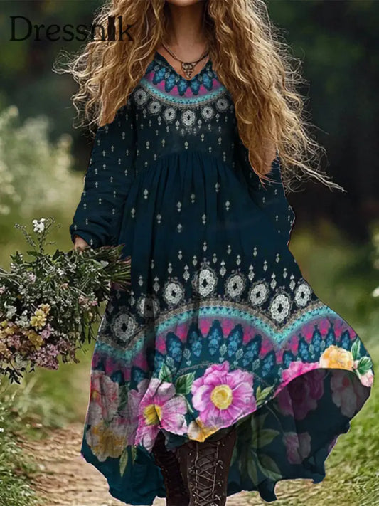 Retro Boho Blumen Kunstdruck Vintage Chic V-Ausschnitt Baumwolle Langarm Midi-Kleid A / S