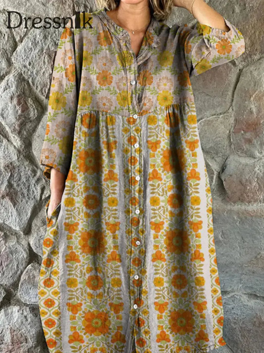 Retro Boho Floral Art Print Vintage Chic V-Ausschnitt Mit Knöpfen Nach Oben Langarm Midi-Kleid A / S