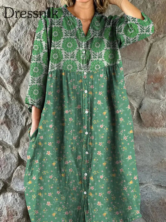 Retro Boho Floral Art Print Vintage Chic V-Ausschnitt Mit Knöpfen Nach Oben Langarm Midi-Kleid A / S
