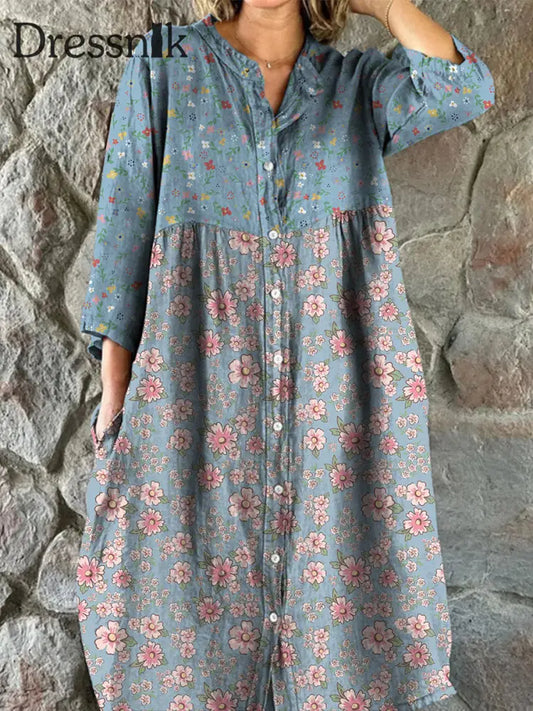 Retro Boho Floral Art Print Vintage Chic V-Ausschnitt Mit Knöpfen Nach Oben Langarm Midi-Kleid A / S