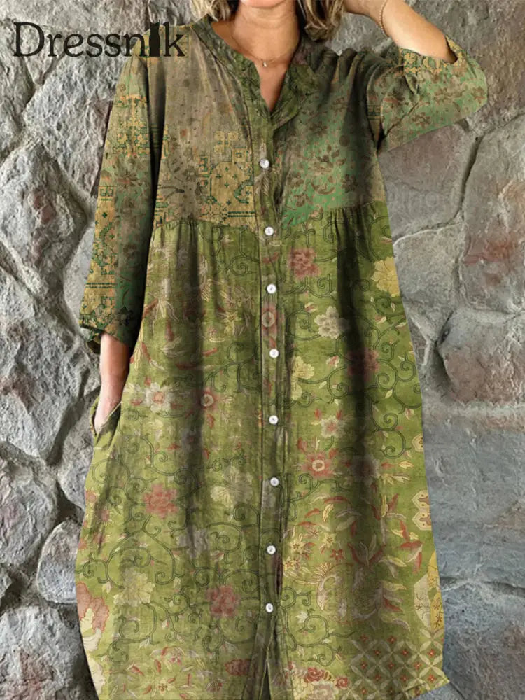 Retro Boho Floral Art Print Vintage Chic V-Ausschnitt mit Knöpfen nach oben Langarm Midi-Kleid A / S